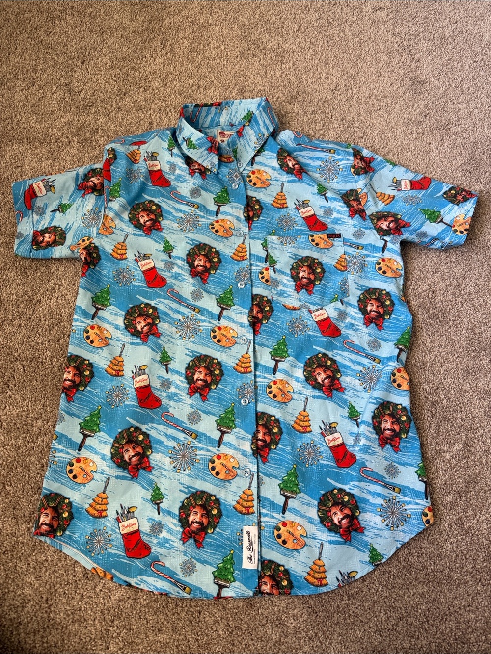 RSVLTS Bob Ross Blue Holiday Print Short-Sleeve Button-Down Shirt